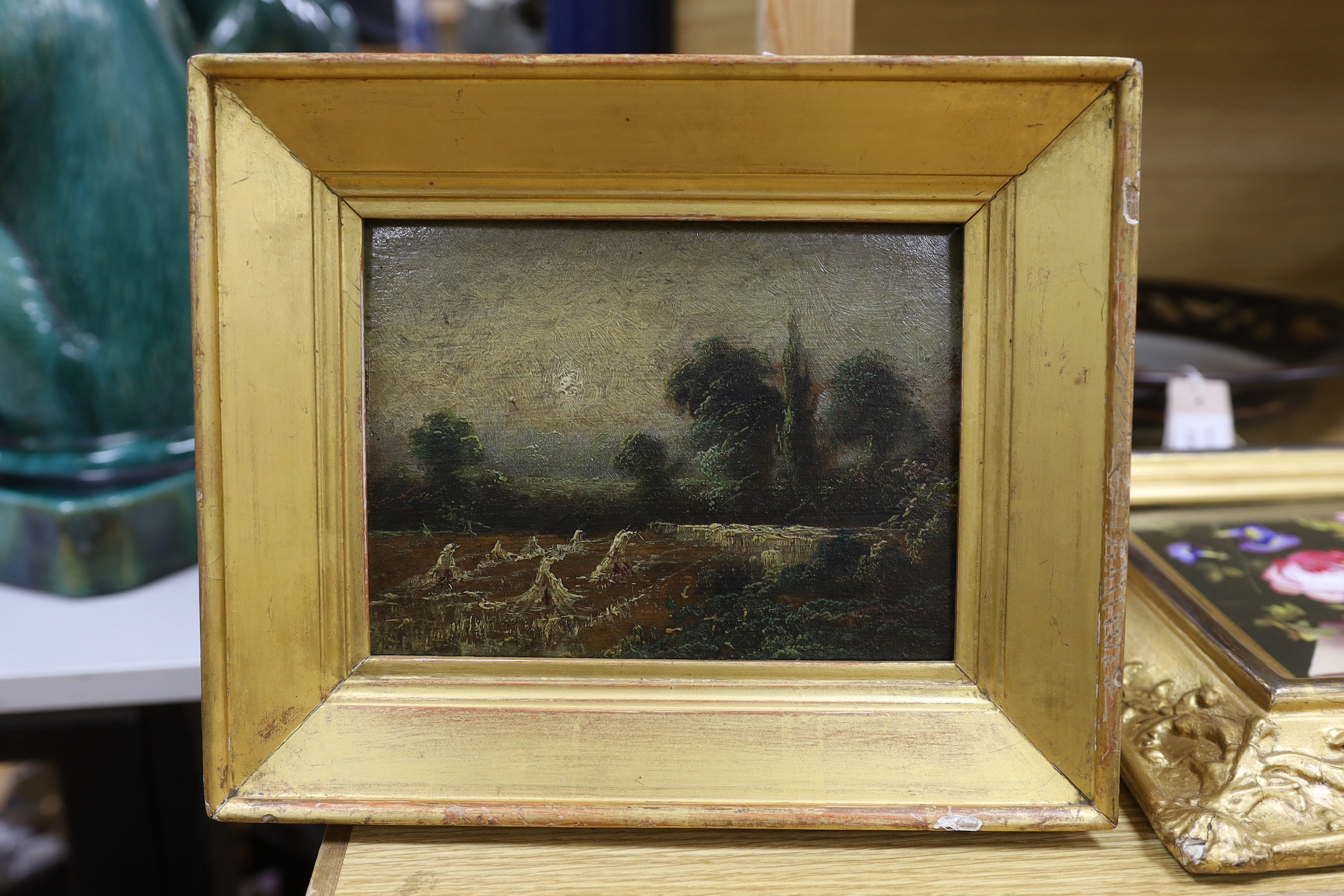 19th century English School, oil on panel, Cornfield at sunset, 15 x 20cm